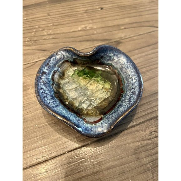 Studio Art Pottery Blue/Crystal Heart Shaped Glazed Trinket Dish Blues n Greens - Picture 1 of 5